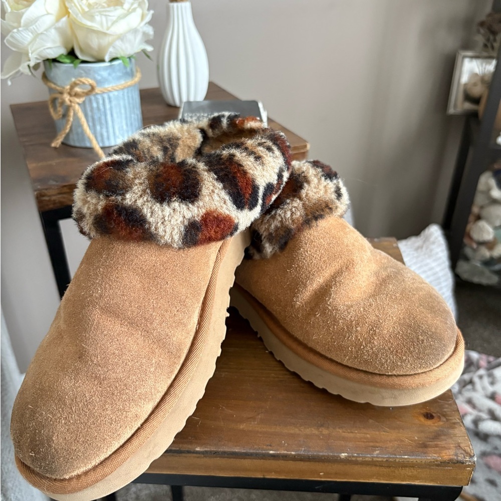 UGG Tan Slippers with Animal Print Cuff size 9